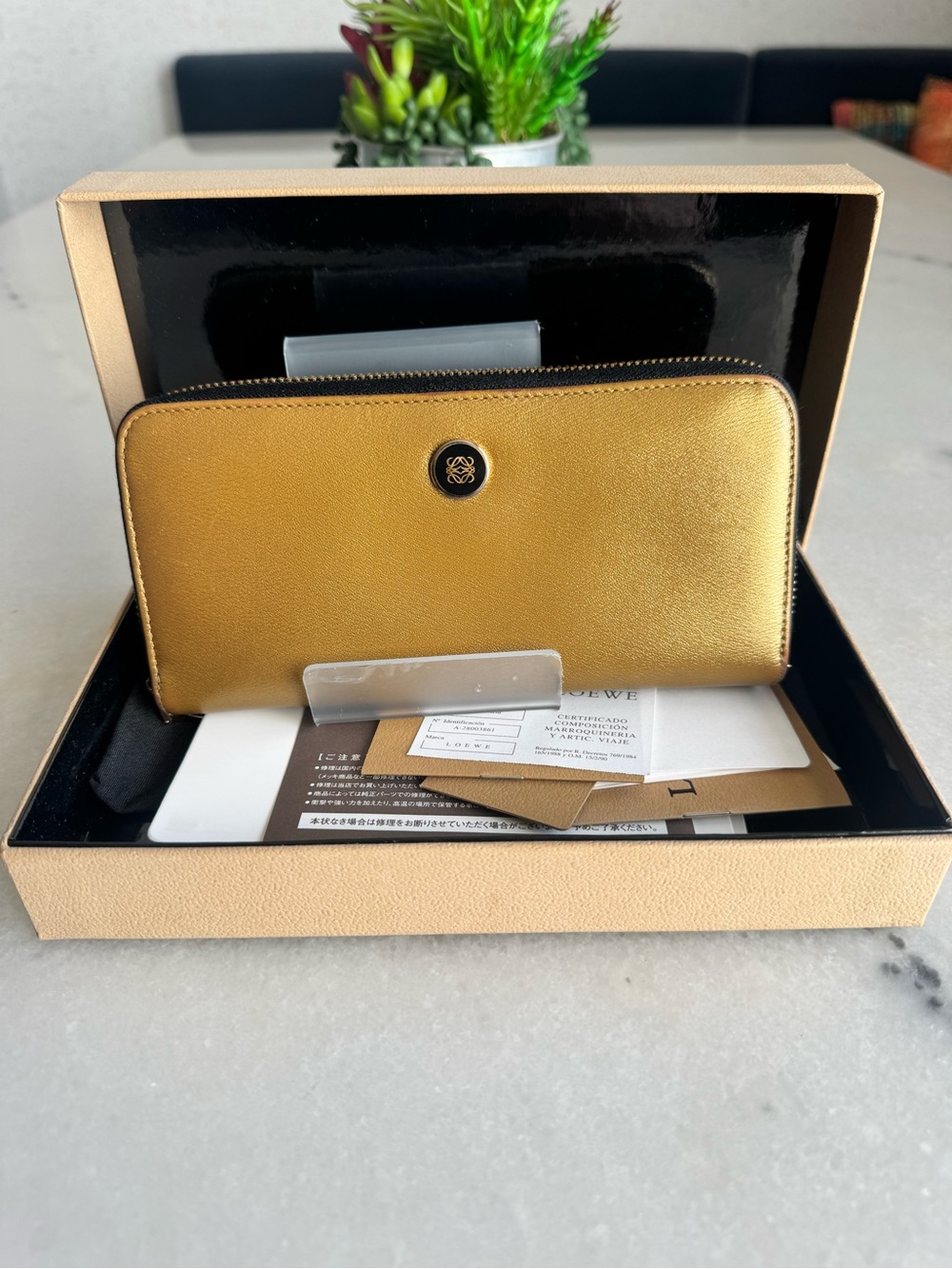 Loewe Metallic Gold Zip-Around Leather Wallet
